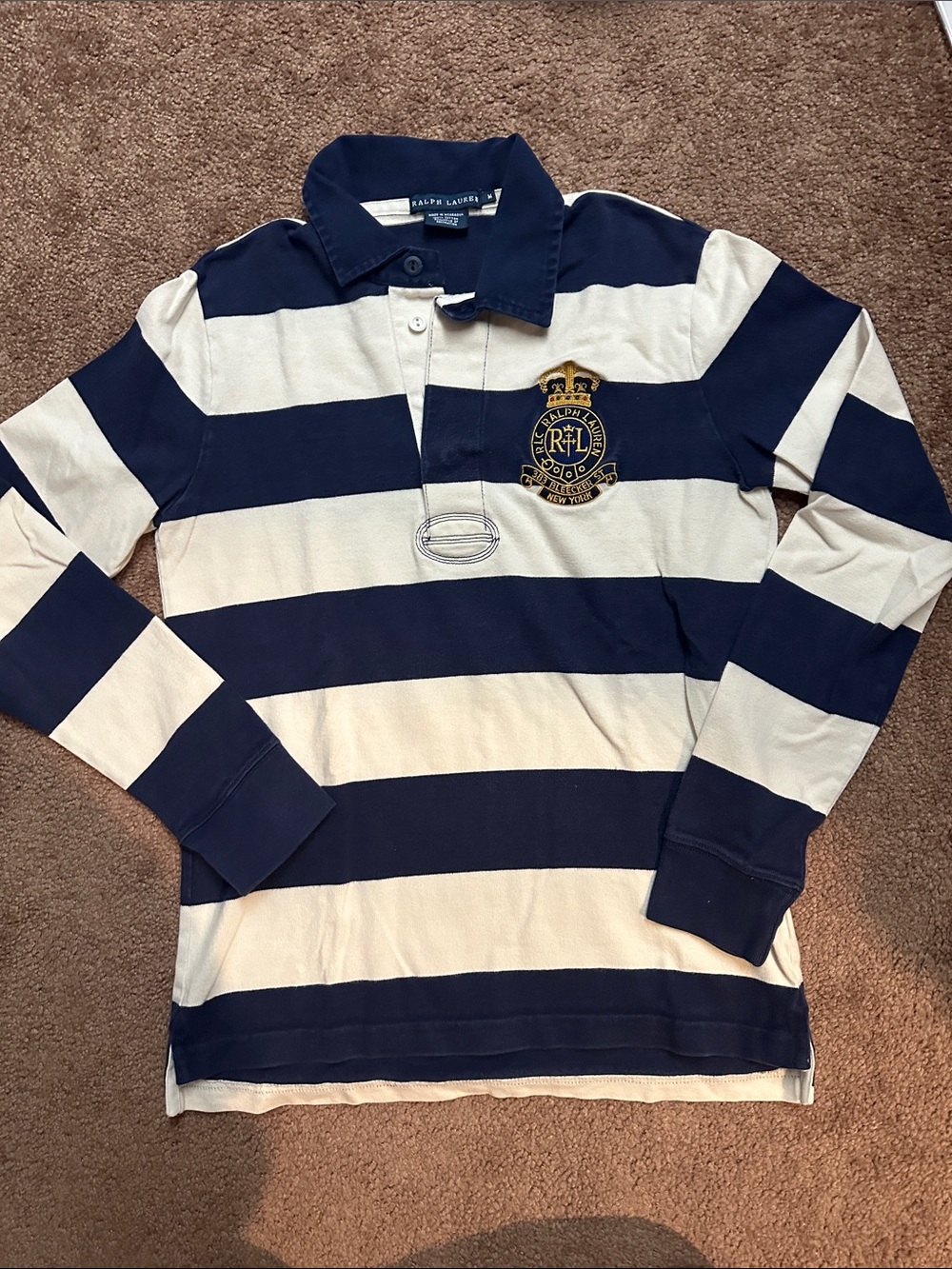 Ralph Lauren Navy and White Striped Long-Sleeve Rugby Polo